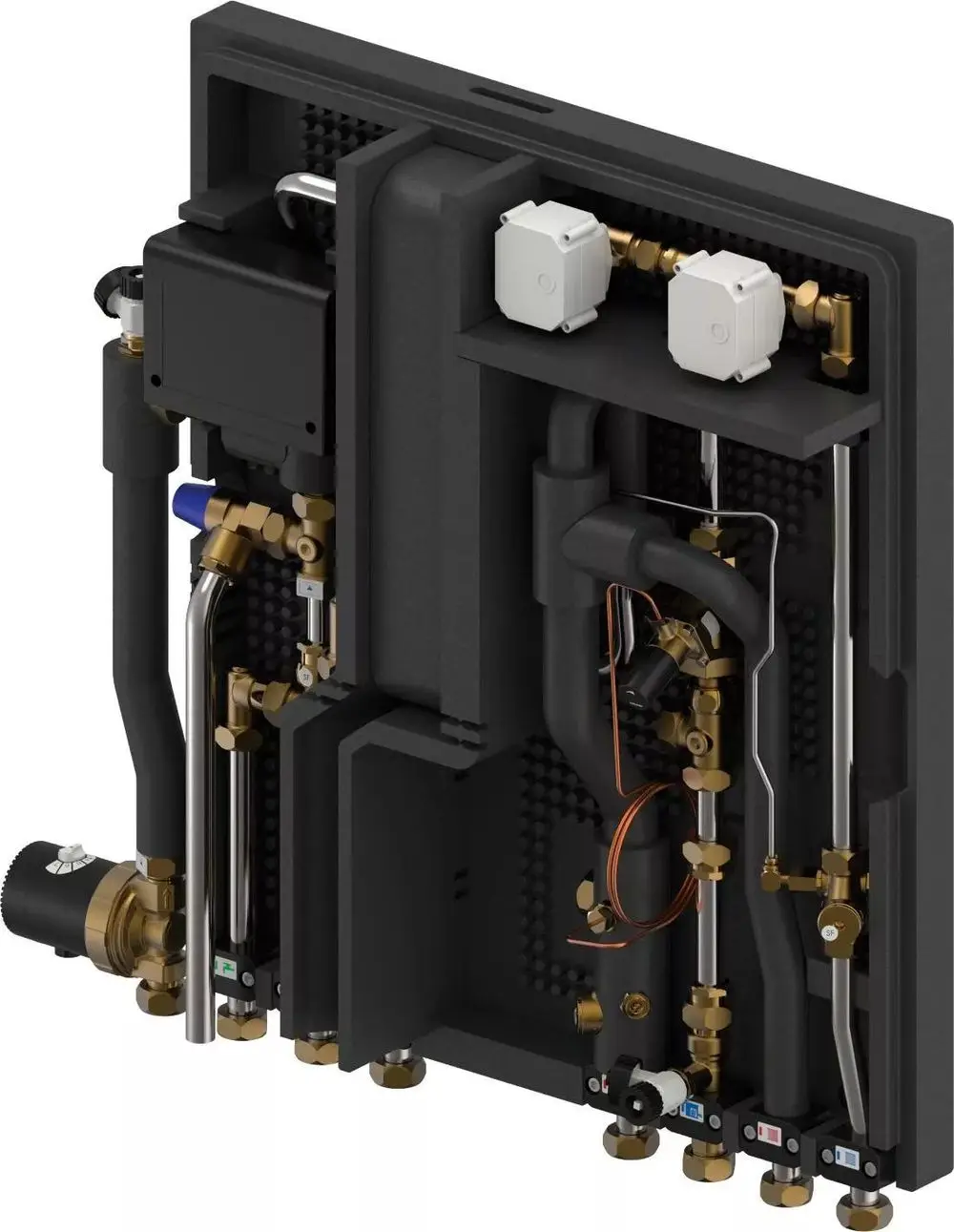 Uponor E-Pro Station mit verschiedenen Rohrleitungen und Ventilen, montiert auf einer schwarzen Grundplatte. Komponenten für hydraulische Anwendungen sind deutlich sichtbar.